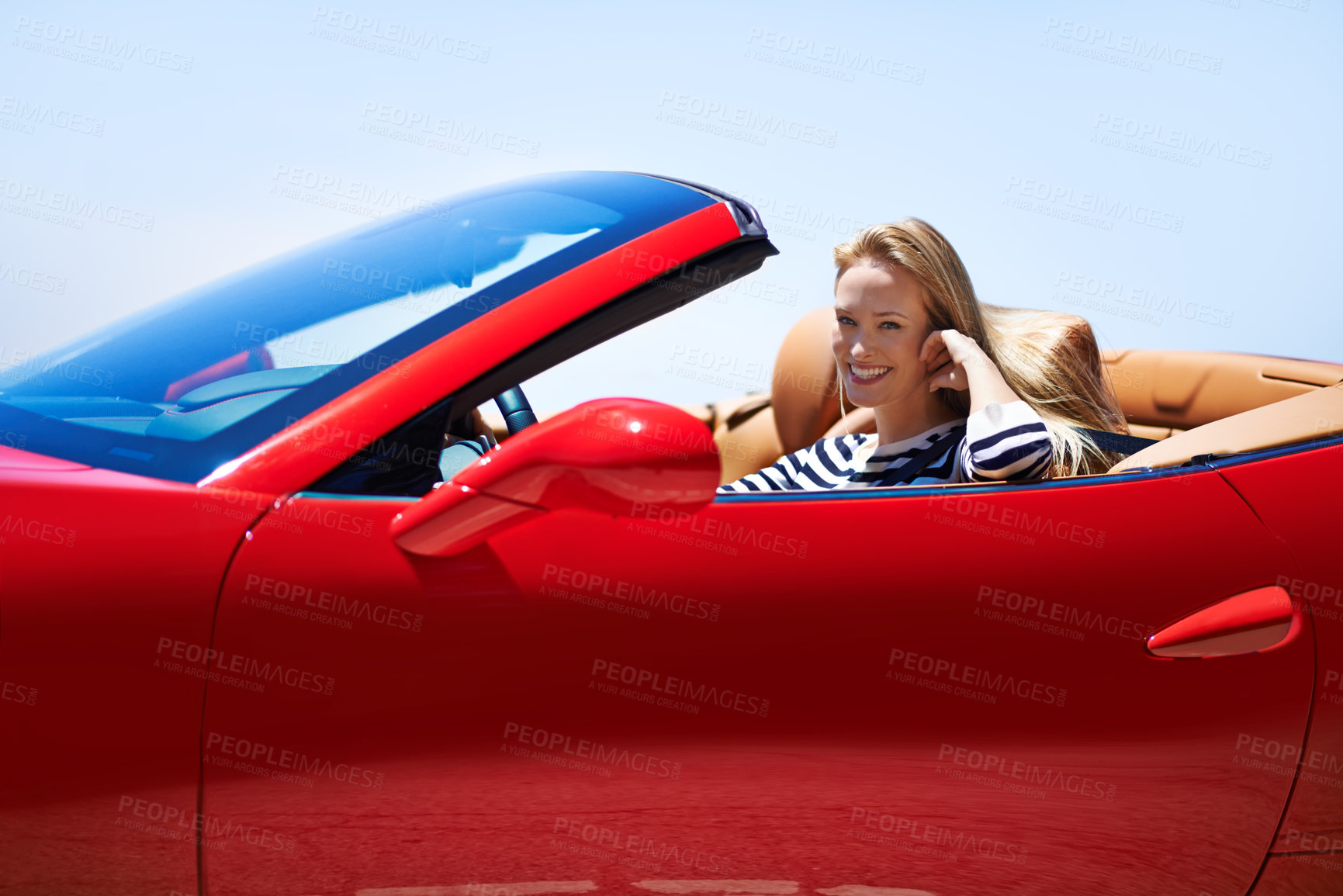 Buy stock photo Woman, portrait and happy in sports car for road trip in summer or adventure on vacation in Beverly Hills. Luxury vehicle for speed on highway, transport and drive automobile for journey or freedom.