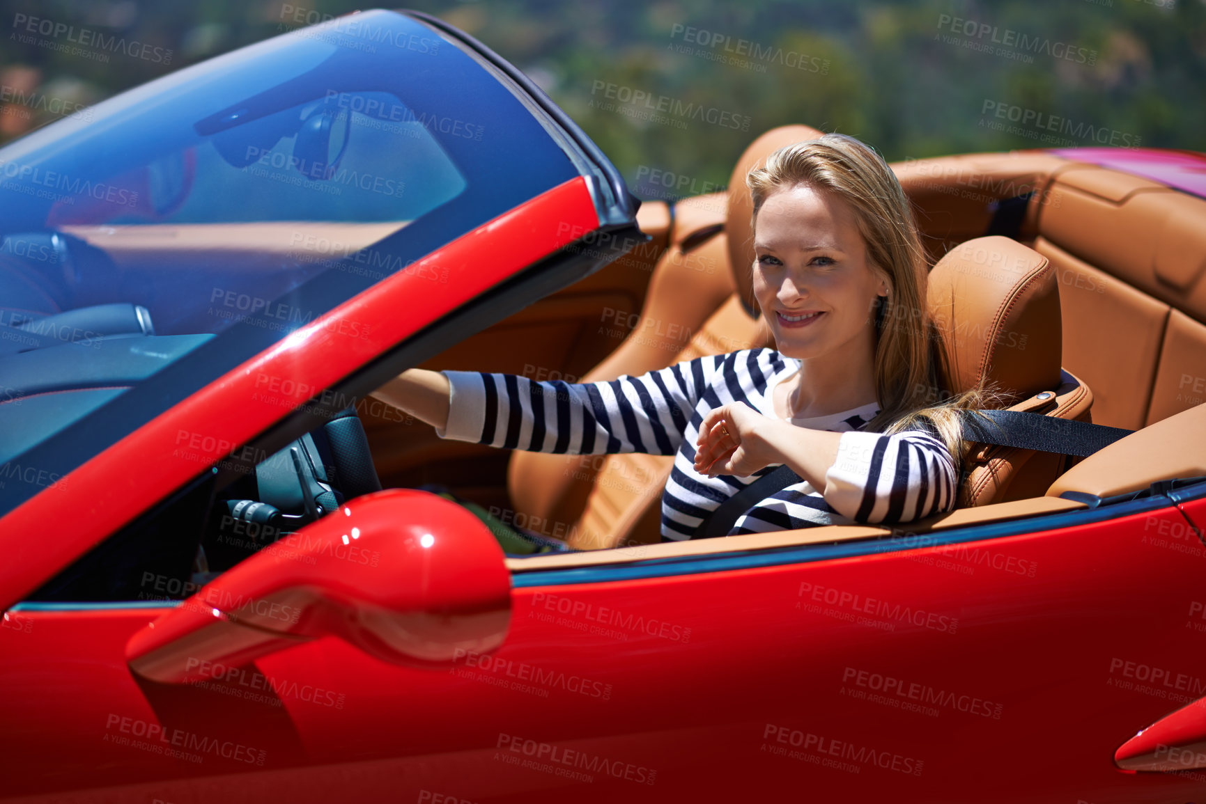 Buy stock photo Woman, portrait and smile in sports car for road trip in summer or adventure on vacation in Beverly Hills. Luxury vehicle for speed on highway, transport and drive on mountain for journey or freedom.