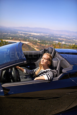 Buy stock photo Woman, relax and drive in sports car for road trip in summer or adventure on vacation in Beverly Hills. Luxury vehicle for speed on highway, transportation and mountain for journey or freedom.