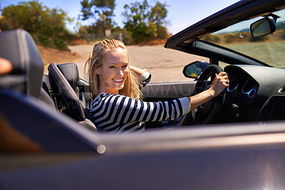 Buy stock photo Woman, sports car and portrait on road trip, nature and luxury transport on summer drive. Female person, holiday and countryside wellness in convertible outdoors, vacation and adventure in vehicle