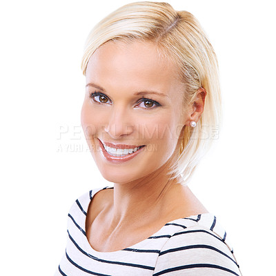 Buy stock photo Portrait, beauty and smile of woman in studio for fashion isolated on a white background. Face, blonde and happy female person in casual clothes, makeup or skin cosmetics on a backdrop in Switzerland