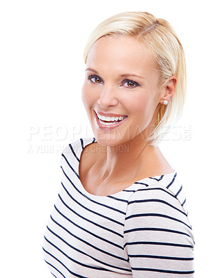 Buy stock photo Portrait, beauty and happy woman in studio for fashion isolated on a white background. Face, smile and blonde female person laugh in casual clothes, excited and funny on a backdrop in Switzerland