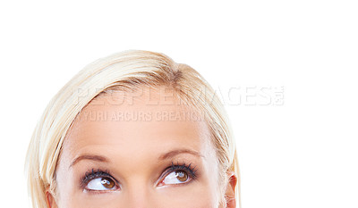 Buy stock photo Thinking, half face and woman in studio for brainstorming isolated on a white background mockup space. Head, idea and closeup of person with question, decision and dream of planning future vision