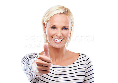 Buy stock photo Woman, portrait and thumbs up in studio for agreement yes or vote review for approval, winner or feedback. Female person, face and hand gesture on white background or yes mockup, thank you or support