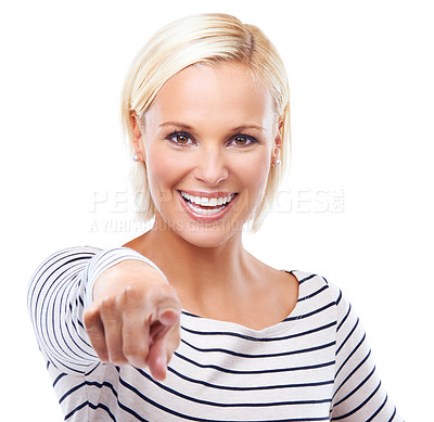 Buy stock photo Studio shot of a beautiful young woman pointing at the camera