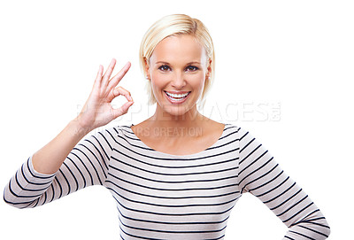 Buy stock photo Woman, OK hand gesture and portrait with agreement, support and success for feedback or vote on white background. Like, subscribe and emoji with happy review, praise or pride for motivation in studio