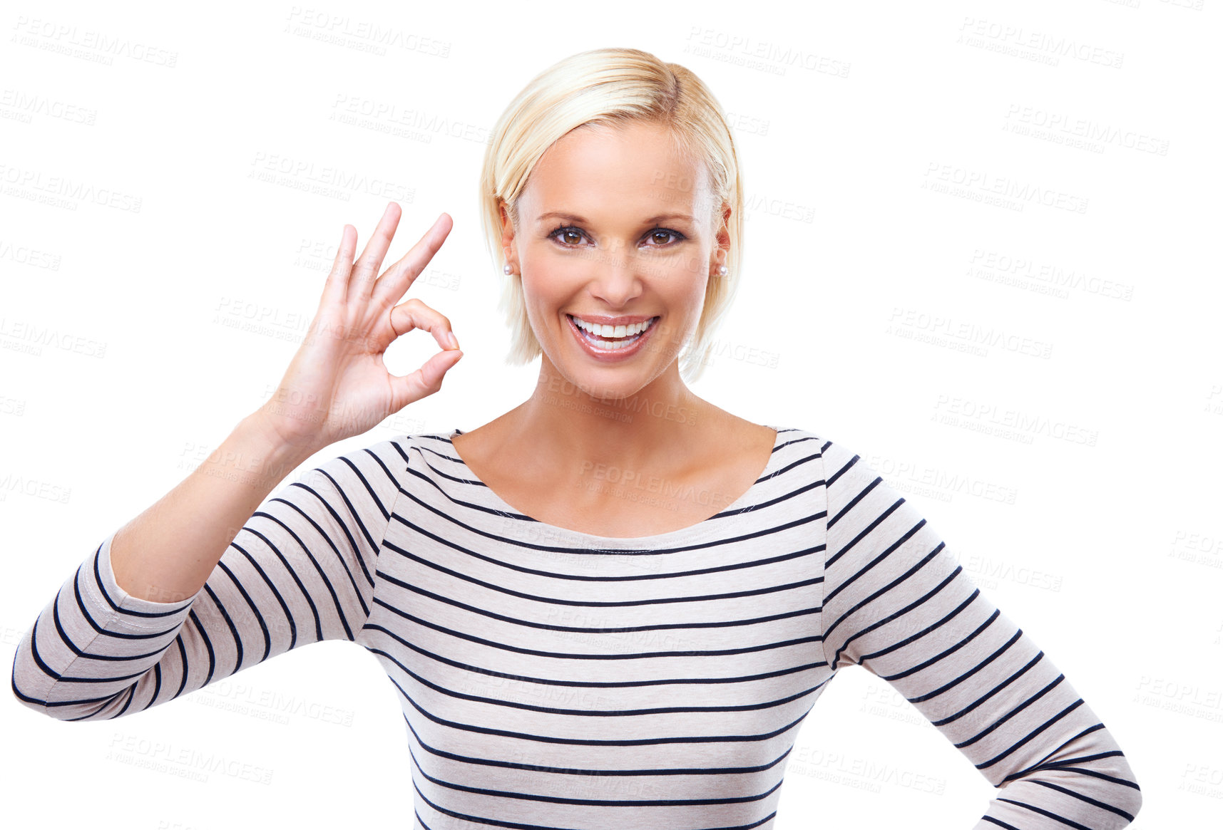 Buy stock photo Woman, OK hand gesture and portrait with agreement, support and success for feedback or vote on white background. Like, subscribe and emoji with happy review, praise or pride for motivation in studio