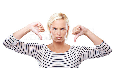 Buy stock photo Woman, angry and thumbs down with review in portrait, body language or disagreement with fail on white background. Hand gesture, emoji with rejection or negative feedback, bad results and opinion