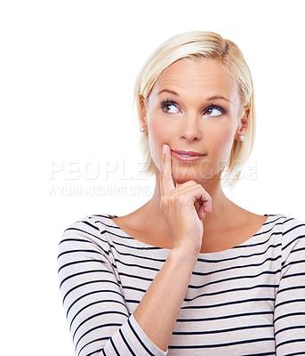 Buy stock photo Thinking, idea and woman in studio for brainstorming solution isolated on a white background. Problem solving, inspiration and blonde person with question, decision or dream of planning future vision