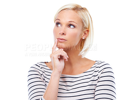 Buy stock photo Studio shot of a beautiful young blonde woman looking thoughtful