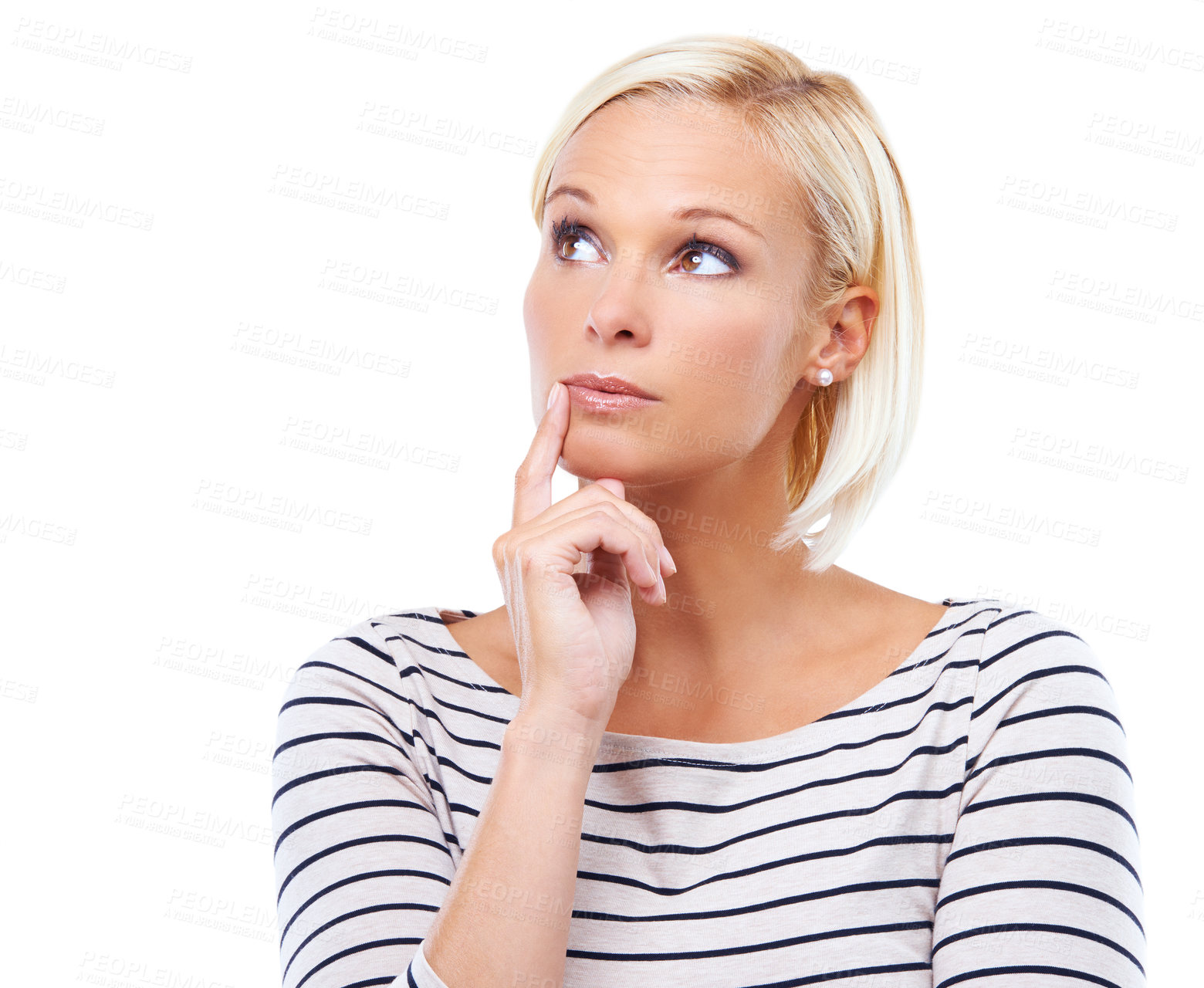 Buy stock photo Studio shot of a beautiful young blonde woman looking thoughtful