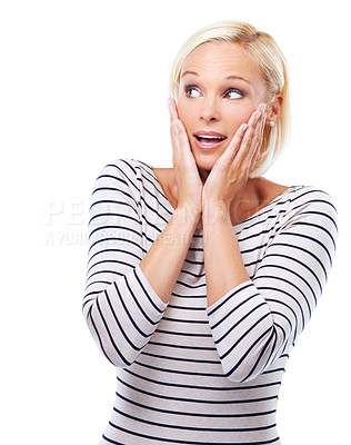 Buy stock photo Woman, hands and shock surprise or wow expression for gossip in studio, white background or mockup space. Female person, announcement and omg information with discount deal or drama, secrets or what