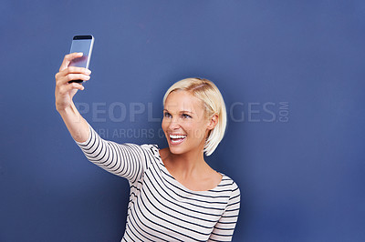 Buy stock photo Woman, smile or selfie in social media, update or post on creative, internet or app as memory. Happy, viral or influencer in fun, confident or vision of proud, online or idea on technology mockup