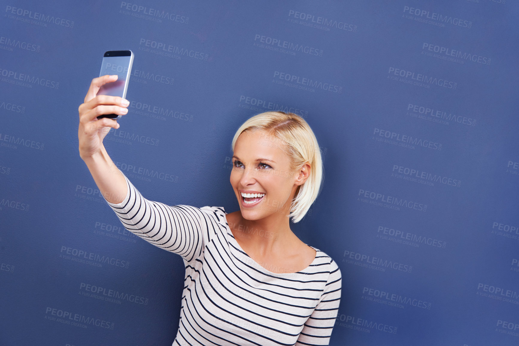 Buy stock photo Woman, smile or selfie in social media, update or post on creative, internet or app as memory. Happy, viral or influencer in fun, confident or vision of proud, online or idea on technology mockup