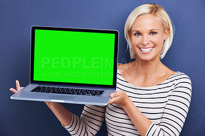 Buy stock photo Portrait, green screen and woman with a laptop, connection and internet on a blue studio background. Face, person and mockup space with model and computer with email and promotion with technology