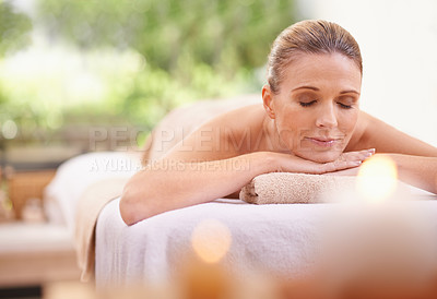 Buy stock photo Woman, spa or relax as massage, therapy or luxury in self care, wellness and mental health. Salon, rest or glow on zen, beauty or bed as detox, balance or cosmetology at holistic retreat in Maldives
