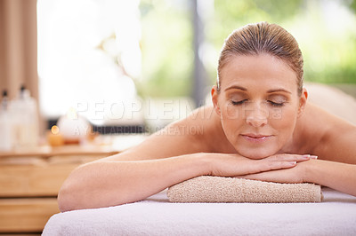 Buy stock photo Girl, massage or relax at spa, wellness or holistic as peace, natural or therapy in self care. Woman, towel or zen in detox, balance or cosmetology at bodycare, clinic or retreat at luxury resort