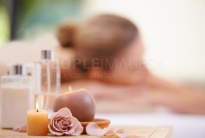 Buy stock photo Candle, rose and holistic healing at spa for aromatherapy, wellness and treatment for self care. Detox, stress relief and energy balance for aura with tools, luxury and natural with zen and calm
