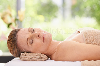 Buy stock photo Woman, face and peace at spa, massage and wellness with calm and self care for bodycare. Cosmetics, beauty and facial, relax with eyes closed at luxury resort and treatment for stress relief