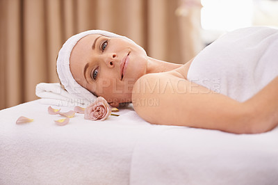 Buy stock photo Woman, portrait and spa massage for relax treatment or holiday in Thailand for zen wellbeing, vacation or stress relief. Female person, face and skincare facial or pamper session, resort or peace