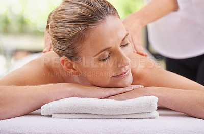 Buy stock photo Woman, hands and spa massage for luxury treatment for relax peace or stress relief for zen resort, calm or vacation. Female person, eyes closed and comfortable or healthy skincare, carefree or pamper