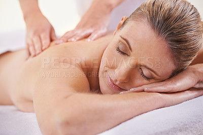 Buy stock photo Girl, relax and hands massage in spa, wellness and resting in hotel or lodge. Physical therapy, holistic and female person in holiday or vacation in California for health, peace and back skin detox