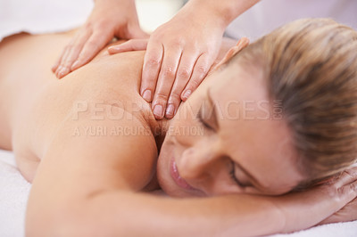 Buy stock photo Woman, sleep and hands massage in spa, wellness and resting in hotel or lodge. Physical therapy, holistic and female person in holiday or vacation in California for health, peace and back skin detox
