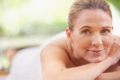 Buy stock photo Happy woman, portrait and relax with zen for physiotherapy, massage or wellness at spa, hotel or resort. Calm young female person in beauty for peaceful relaxation, facial or body treatment at salon