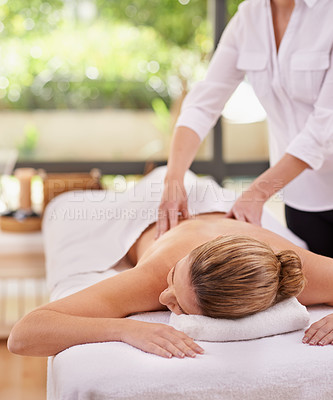 Buy stock photo Woman, hands and spa with massage therapist for luxury peace or stress relief at zen resort, calm or vacation. Female person, eyes closed and comfortable for healthy skincare, treatment or wellness
