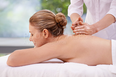 Buy stock photo Woman, massage table and hands for relax treatment at zen resort in Thailand for holiday vacation, calm or luxury. Female person, peaceful and pamper spa day or carefree leisure, tranquility or bliss