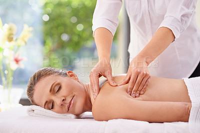 Buy stock photo Woman, hands and spa massage for holiday treatment or relax stress relief at zen resort, calm or vacation. Female person, eyes closed and comfortable break or healthy carefree, pamper or luxurious