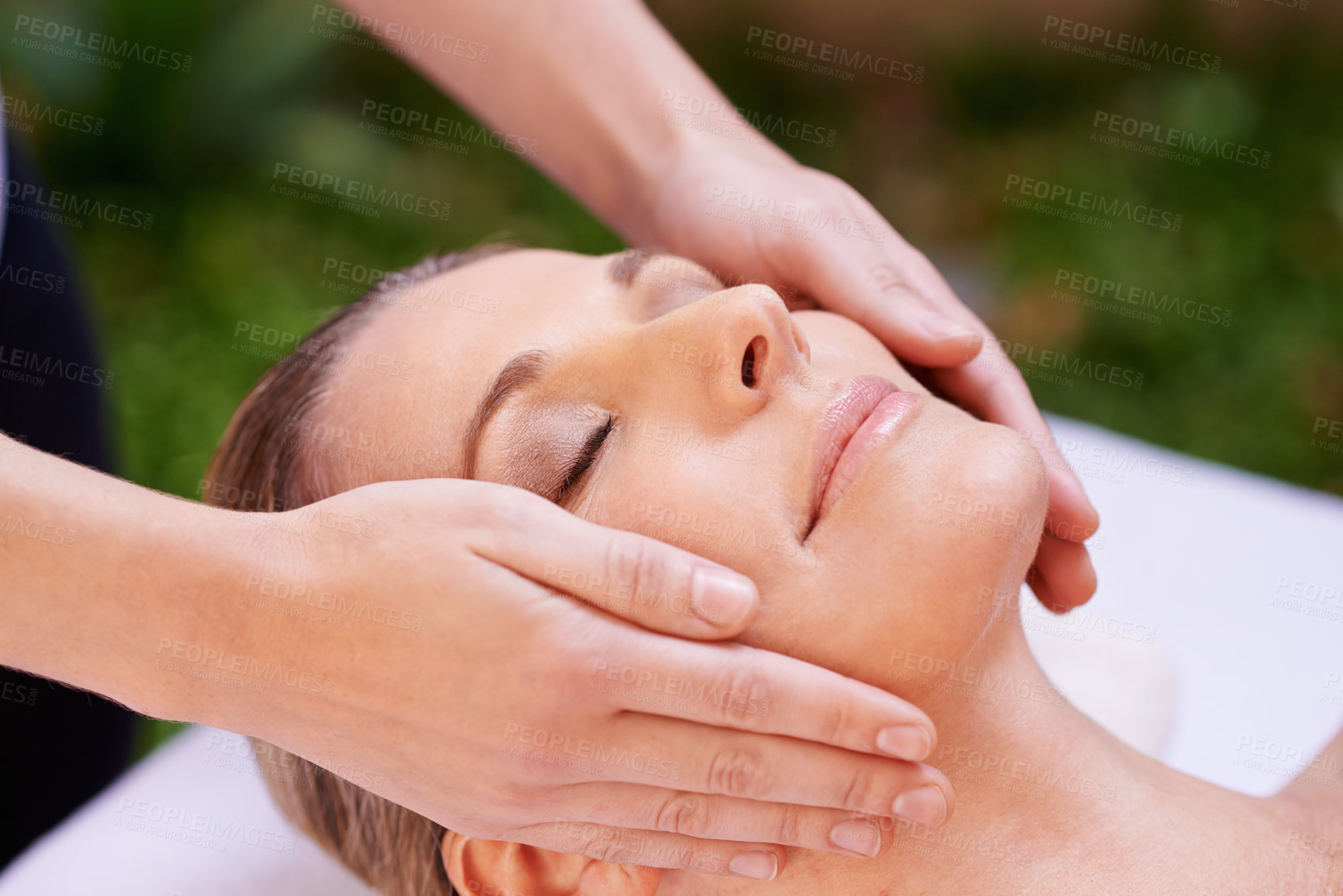 Buy stock photo Happy woman, sleeping and face massage with masseuse for zen, skincare or stress relief at spa, hotel or resort. Closeup of female person asleep in relaxation for facial, beauty or body treatment