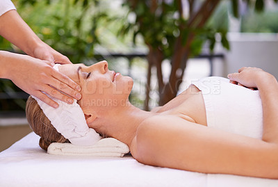 Buy stock photo Calm woman, sleeping and head massage with masseuse for zen, skincare or stress relief at spa, hotel or resort. Female person asleep in relaxation for facial, beauty or body treatment at the salon