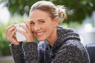 Buy stock photo Portrait, smile and woman drinking coffee outdoor to relax, peace or calm in nature. Face, tea cup and happy person with hot beverage, espresso or latte for breakfast in the morning at garden park