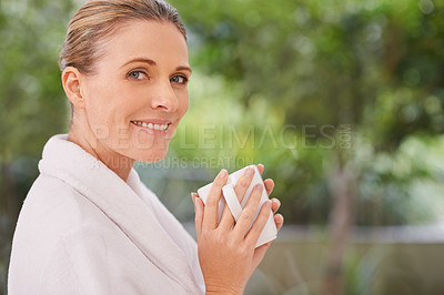 Buy stock photo Happy woman, portrait and spa with coffee in relax for morning or hospitality at outdoor resort. Face of female person with smile and enjoying cup or mug of drink for relaxation or caffeine in nature