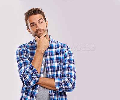 Buy stock photo Man, thinking and vision idea in studio for future thoughts with brainstorming solution, problem solving or white background. Male person, hand and planning question for decision, wondering or mockup