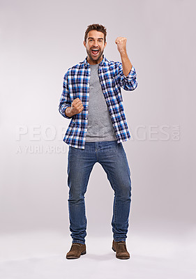 Buy stock photo Man, portrait and excited celebration in studio for winning happiness for victory, opportunity or white background. Male person, hands and good news promotion for lottery, congratulations or mockup