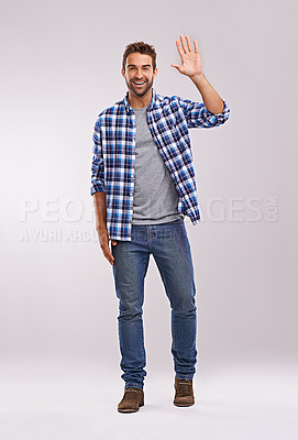 Buy stock photo Man, portrait and wave hello in studio for happy greeting on white background or communication, friendly or mockup space. Male person, face and hand gesture for welcome sign, recognition or farewell