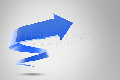 Buy stock photo Blue arrow, icon and increase for profit, growth or 3d illustration isolated in studio on grey background. Abstract, curve direction or color design for graphic sign, point symbol or raise indication