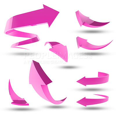 Buy stock photo Graphic, arrows and icons with animation, creativity and direction isolated on white studio background. Empty, pink and color with aesthetic and artistic with poster and wallpaper with sign or design