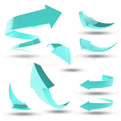 Buy stock photo Icons, blue and arrows for design with white background with illustration for online technology. Sign, traffic and graphic with information for direction or network with icon for global vote.

