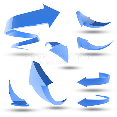 Buy stock photo Arrows, direction and white background with blue icon for target with design. Graphic, pointer and symbol for illustration in technology for online with information to review network or data.

