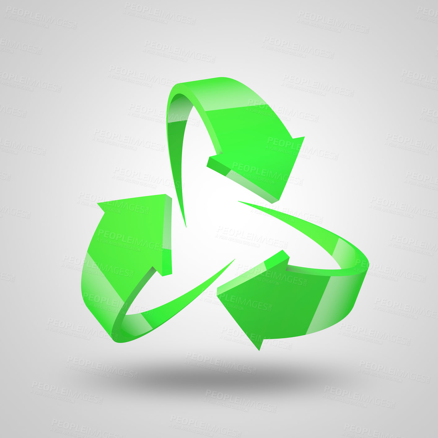 Buy stock photo Recycle symbol isolated on a grey background with copyspace. Three green arrows in motion with copy space. Computer graphic triangle to symbolise recycling, global conservation and eco protection 