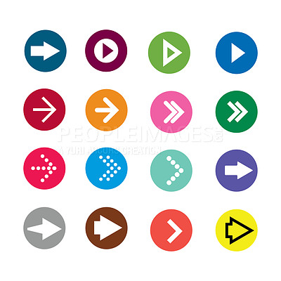 Buy stock photo Arrows, graphic or play icon for abstract illustration or sign for growth isolated on white background in studio. Change, action or color design for direction with speed or different pattern shapes