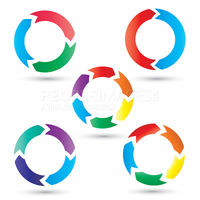 Buy stock photo Colorful, circle and icons of illustration with arrows pointing round against a white background. Collection of isolated circular shape diagram, graphic or symbol for life cycle, pattern or recycling