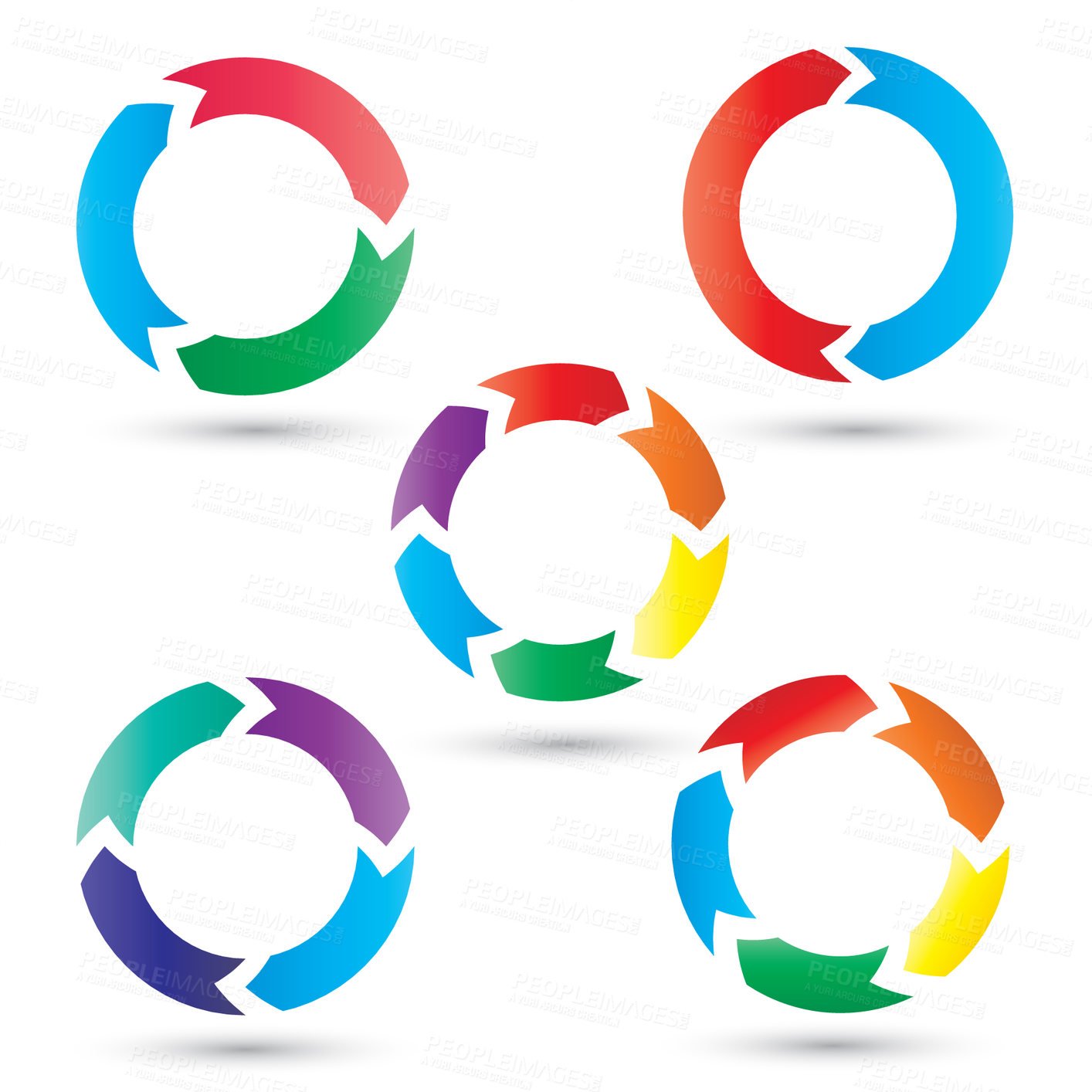 Buy stock photo Colorful, circle and icons of illustration with arrows pointing round against a white background. Collection of isolated circular shape diagram, graphic or symbol for life cycle, pattern or recycling