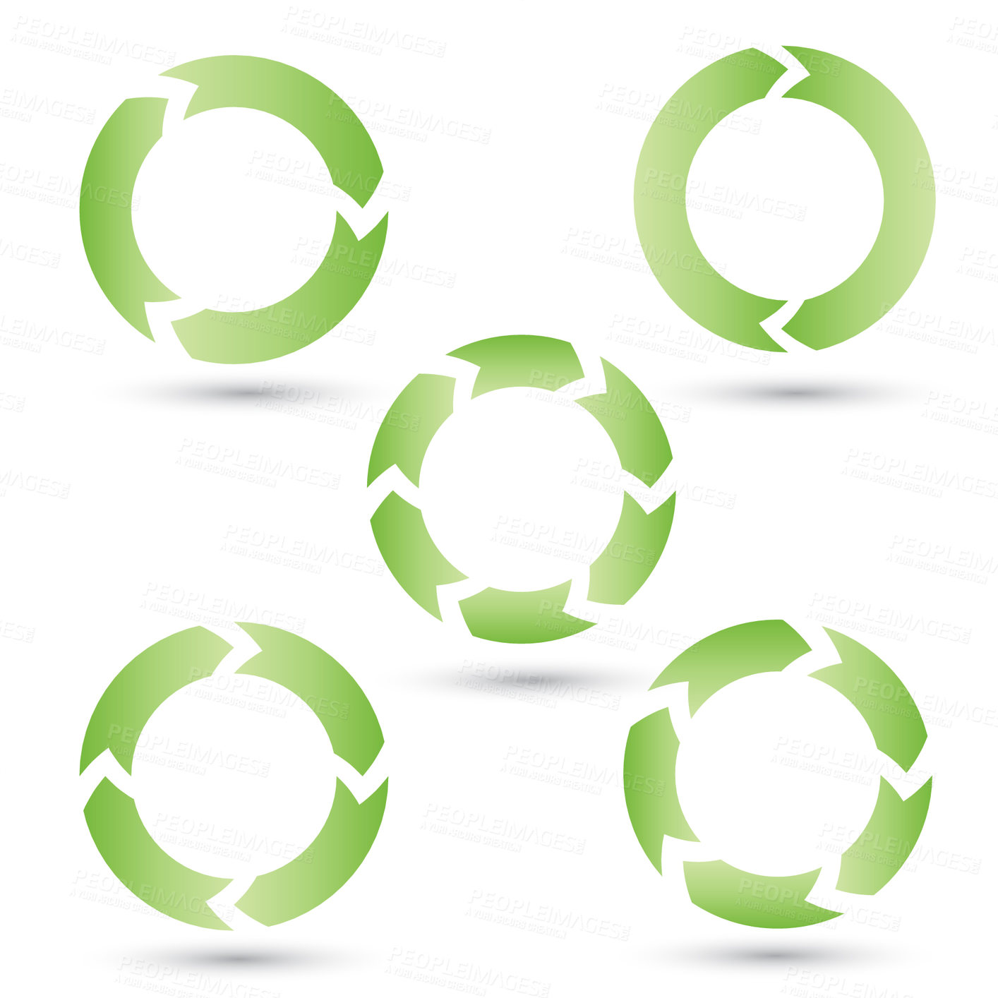 Buy stock photo Green, circle and icons of illustration with arrows pointing round against a white background. Collection of isolated circular shape, graphic or symbol of diagram for life cycle, pattern or recycling