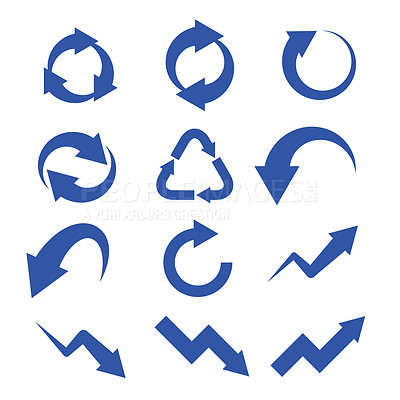 Buy stock photo Arrows, direction and recycle icon isolated on white background, abstract and group of icons. Growth, progress and sign with navigation symbol, illustration and graphic with emoji and logo