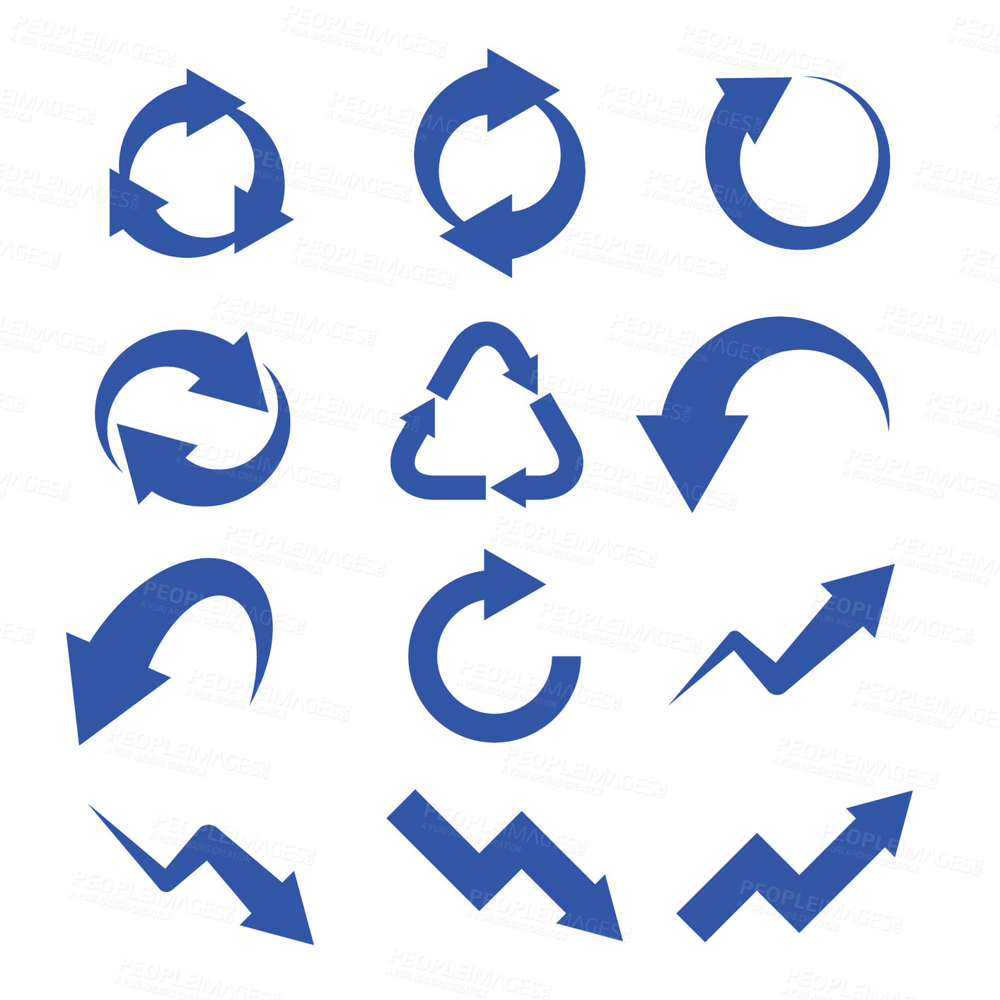 Buy stock photo Arrows, direction and recycle icon isolated on white background, abstract and group of icons. Growth, progress and sign with navigation symbol, illustration and graphic with emoji and logo