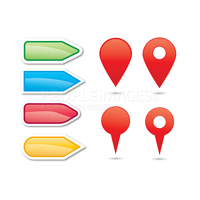 Buy stock photo Graphic, arrow or icon of location for navigation, travel or transport isolated on white background. Abstract, pointing or red pin in studio for journey, route trip or direction to destination or map